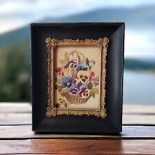 Rare Antique Embroidered Pansy On Paper In Antique Frame 7,5