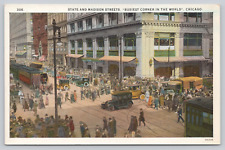 State & Madison Streets Busiest Corner, Chicago IL Loop Retail District Postcard picture