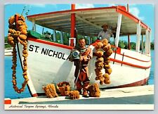 Sponge Boat And Diver At Historical Tarpon Springs Florida Vintage Unposted picture