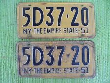 1951 New York License Plate Matched Pair 51 NY Tag 5D37-20 Plates Empire State picture