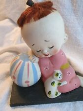 Vintage Japanese Hakata Baby Girl Clay Doll Red Hair With Ball And Kitty Cat picture
