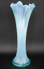 Rare Vintage Northwood Art Glass Blue Opalecscent Pulled Feather Vase - 11