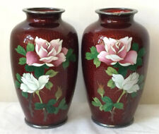 Cloisonné Ruby Red Vases Enameled Cabbage Wild Rose Set of 2 Silver picture