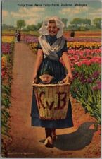 Holland, Michigan Linen Postcard NELLIS TULIP FARM Woman Bicycle / Boy in Basket picture