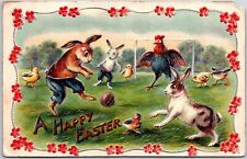 1912 A Happy Easter Bunnies Chick Rooster Playing On The Ground Posted Postcard picture