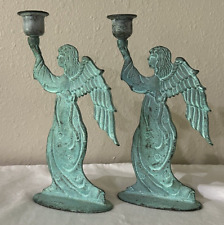 Vintage Metal Green Verdigris Angels Candle Holder 8” - identical set of 2 picture
