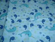 Vtg 80s Adorable Blues Narwhal Unicorn Whales Quilt Sew Fabric 31x58 RARE #MFB picture