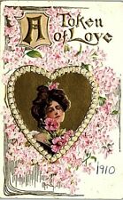 c1900s Victorian Lady Valentine Postcard Heart Flowers Embossed Divided Stamp picture