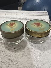 SET OF TWO ANTIQUE HAND PAINTED PORCELAIN LID GLASS VANITY JARS    picture