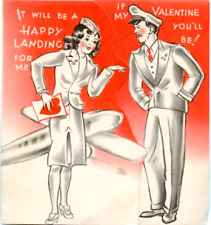 Vtg Valentine Card Happy Landing Pilot Any Ship For Me Stewardess Airplane c1940 picture