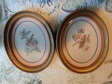 Vtg Pair Homco Oval Gold Framed Bird Prints Wall Art Pink Floral Chic Cottage picture