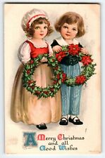 Christmas Postcard Ellen Clapsaddle Children Hold Wreaths 1924 Wolf Series 35 picture