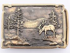 Elk Mountain Lake Woods Forest Solid Bronze 1970s Vintage Belt Buckle picture