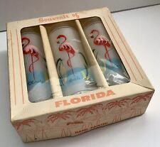 Vintage Boxed Set of 3 Florida Souvenir Flamingo Highball Frosted Glasses In Box picture