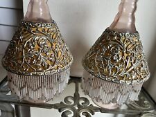 Vintage Pair Of Reticulated Pierced Lamp Shades w/beautiful Glass Beaded Fringe picture
