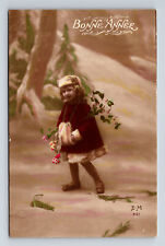 c1913 RPPC Young French Girl in Fur Trimmed Coat Muff Hand Colored EM Postcard picture