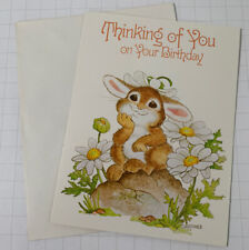 Vintage Greeting Card Birthday Daisy Bunny Rabbit Floral Garden Ephemera Unused picture