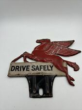 Vtg 1940s 50s Mobil Pegasus Drive Safely Metal License Plate Topper Sign Gas Oil picture