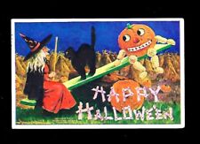 c1909 Intl Art Halloween Postcard Witch & Pumkin Teeter-Totter & Black Cat picture