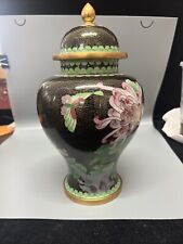 Beautiful Chinese Cloisonne Black Floral Bird Brass and Enamel Ginger Jar - 10” picture