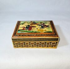 Vtg Persian Lacquered Wooden Inlaid Khatam Marquetry Hunting Scene Trinket Box picture