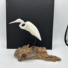 Vintage John Perry Sculpture Burl Wood Heron Crane Stork Birds White Resin picture
