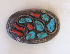 Effie Calavaza Zuni Silver Coral and Turquoise Belt Buckle, 72.3 g picture