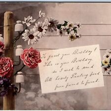 c1910s Lovely Flowers Telegraph Line Pole Birthday Poem Postcard Insulators A80 picture
