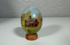 Vintage REAL EGG SHELL Hand Painted Farm Scene On Wooden Stand picture