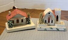 2 VINTAGE CHRISTMAS PUTZ CARDBOARD HOUSE AND CHURCH LOOFAH JAPAN picture