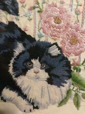 VINTAGE HAND EMBROIDERED LINEN CAT PICTURE  picture
