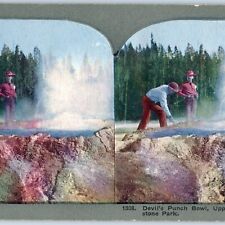 c1900s Yellowstone Upper Geyser Basin Devil's Punch Litho Photo Stereo Card V7 picture