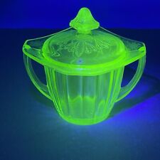 Green Depression Vaseline Glass Jeanette Adam Sugar Bowl with Lid picture