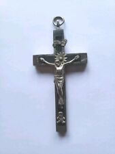 Vtg Antique Skull And Crossbones Crucifix 2 3/4 In Metal Wood Inlay Germany 🇩🇪 picture