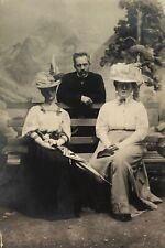1800s RARE B&W Photo card Two Fashion Ladies and Man ANTIQUE CARD picture