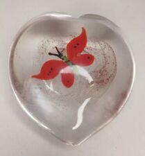 VTG Heart Shape & Handpainted Red Butterfly Glass Blown Paperweight picture