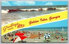 Greetings Golden Isles Georgia Oceanfront Shoreline Coastline Ocean VTG Postcard picture
