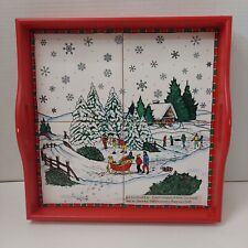 Vtg Large Ceramic Tile Red Christmas Serving Tray Bright Red Wood Trim JC Penny picture