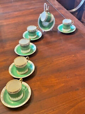 Antique Royal Stafford Green Gold Espresso Teacup and Saucer, England, Set of 6 picture