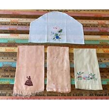 VINTAGE Hand Embroidered Lot Of 4 Dresser Scarf Guest Towel Cotton LINEN Floral picture
