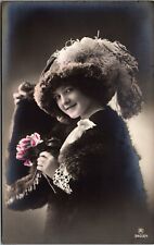 Hand Colored RP Postcard Portrait Woman Wearing Fur Coat Feather Hat~133534 picture