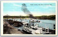 Cincinnati OH~Ohio River Public Landing~Steam Ships~1920s Postcard picture