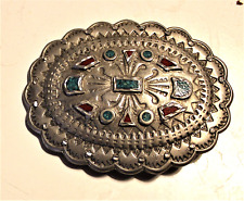 Large Southwestern Gent's Belt Buckle, Silver-Toned, Turq. and Coral Accents picture
