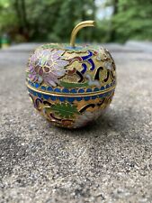 Vintage Cloisonne Apple w/lid Goldstone Stem Chinese Floral Trinket Jewelry Box picture
