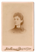 PAWTUCKET RI 1890s Victorian LADY HIGH COLLAR BROOCH BOW Vignette Cabinet Card picture