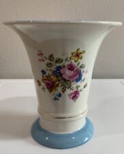 Vtg E£R American Artware Porcelain Floral Bouquet Blue Gold Trim Vase Planter picture