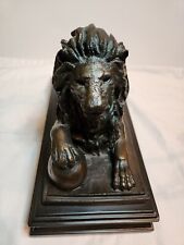 Male Lion Statue Resin On Wood, Paw On Ball. Father's Day Gift Idea picture