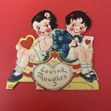 VTG Die-cut Valentine Rosy Cheeked Boy Writing Love Letter To Girl picture