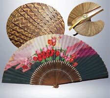 Antique Hand Fan Handpainted Floral Japanese Early 20th Century RARE Wooden Fan picture
