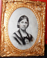 1/9th Size tintype of vignette of lady in brass mat/frame picture